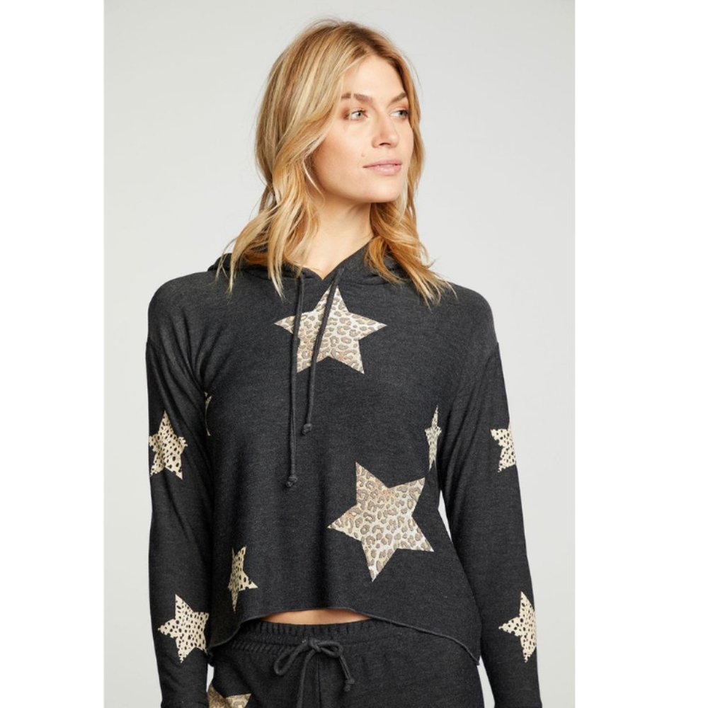 NWT Chaser Leopard Print Star Gray Hoodie Sweatshirt Sz S